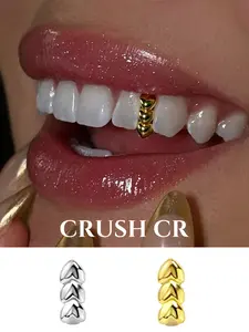 CRUSH CR 1pc Copper 18K Gold Plated Triple Heart Teeth Grillz, CZ Stones Inlaid, Unisex Y2K Hip-Hop Tooth Jewelry For Black Women, Girls & Men, Suitable For Parties, Street Fashion & Daily Wear