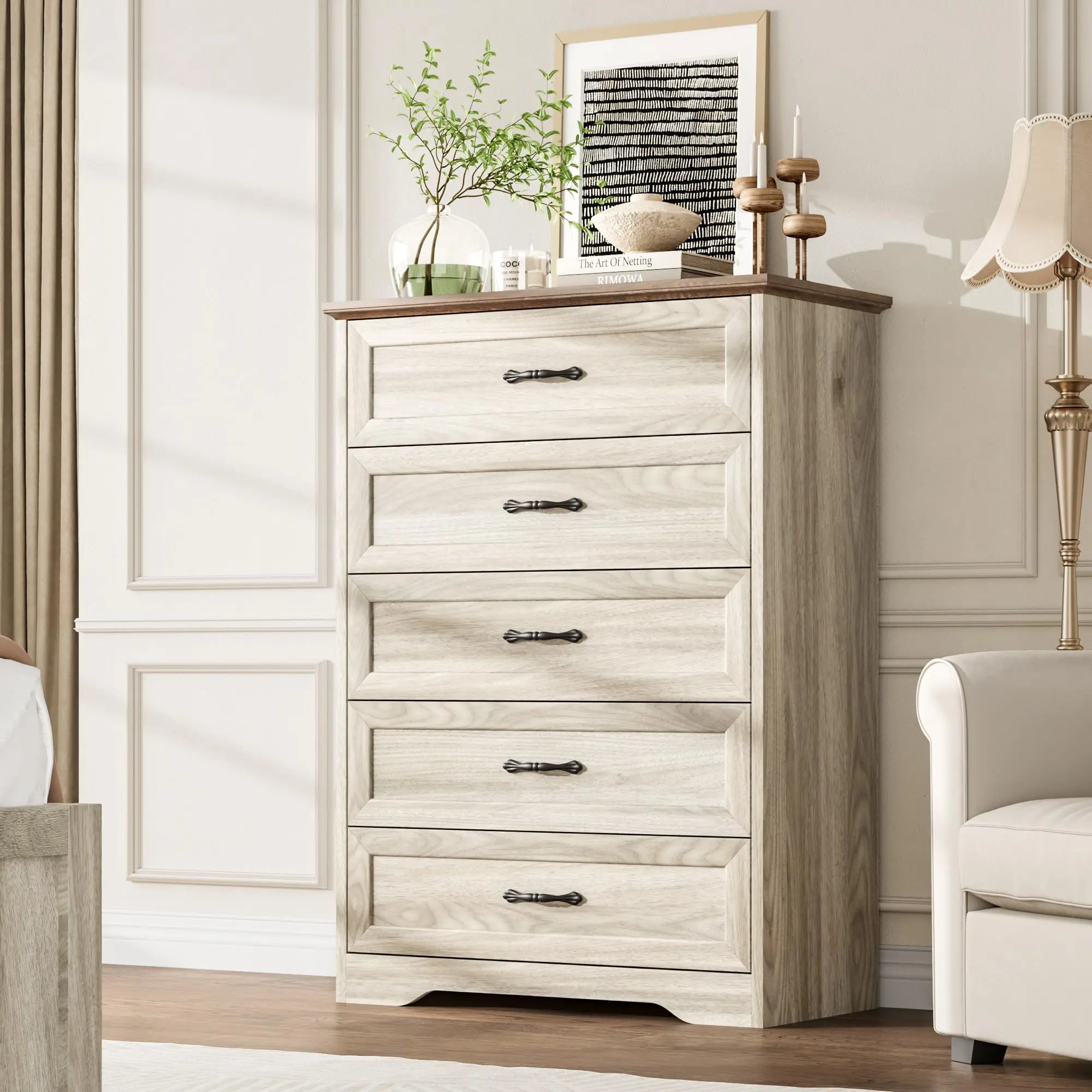 Garvee 5-Drawer Wooden Dresser with Wide Metal Handles, Farmhouse Modern Tall Chest for Bedroom, Living Room, and Kids Room Storage Organizer in Natural Beige Texture - TikTok Shop Garvee 5-Drawer Wooden Dresser with Wide Metal Handles, Farmhouse Modern Tall Chest for Bedroom, Living Room, and Kids Room Storage Organizer in Natural Beige Texture - TikTok Shop