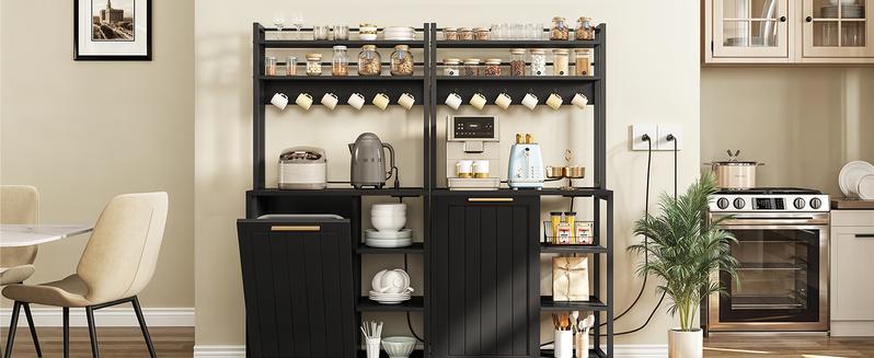 DWVO Black Bakers Rack with Trash Can Bin Cabinet and Power Outlet, Microwave Stand Cabinet with 6 Hooks, 6-Tiers Farmhouse Kitchen Tall Thickened Coffee Bar Table Station with Storage Shelf