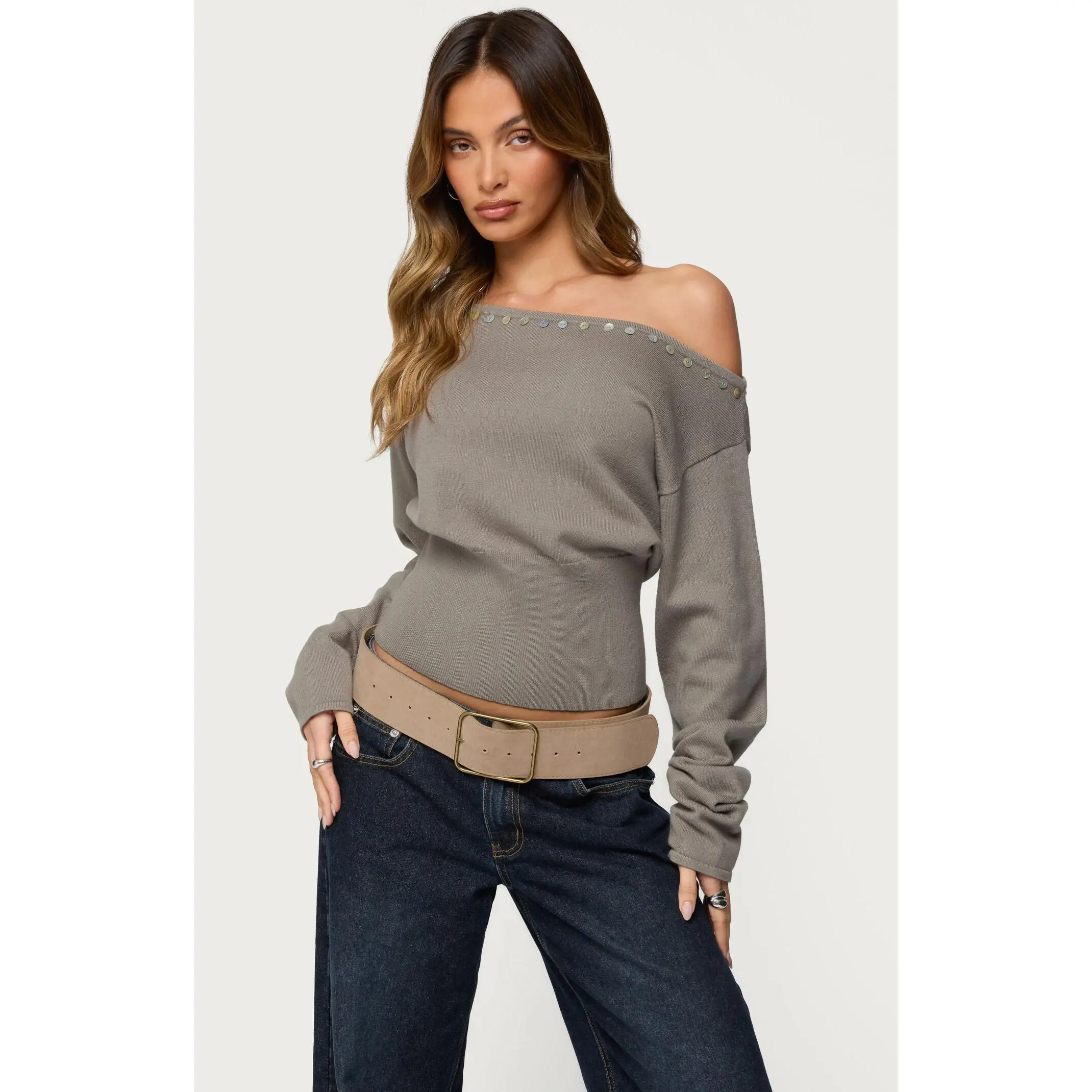 Edikted Women's Carmela Iridescent Button Off-The-Shoulder Sweater