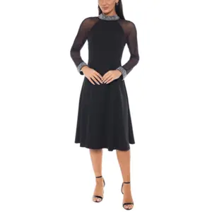 Oleg Cassini Embellished High Mock Neckline Long Sheer Sleeves Fitted Bodice Fit-and-Flare A-Line Dress