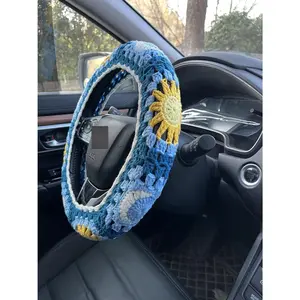 Handmade Crochet Sun and Moon Car Steering Wheel Covers Universal 14-15 inch for Women and Men (Steering Wheel Cover) Interior Blue