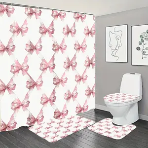 Bow Pattern Shower Curtain Set, Shower Curtain & Toilet Seat Cover & Bath Mat & U-shaped Mat, Bathroom Decoration Supplies