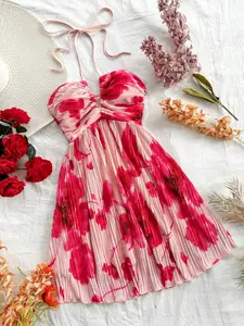 Women's Floral Print Halter Neck Mini Dress, Ruched Bust Pleated A-Line Short Sundress for Summer Beach Vacation Party