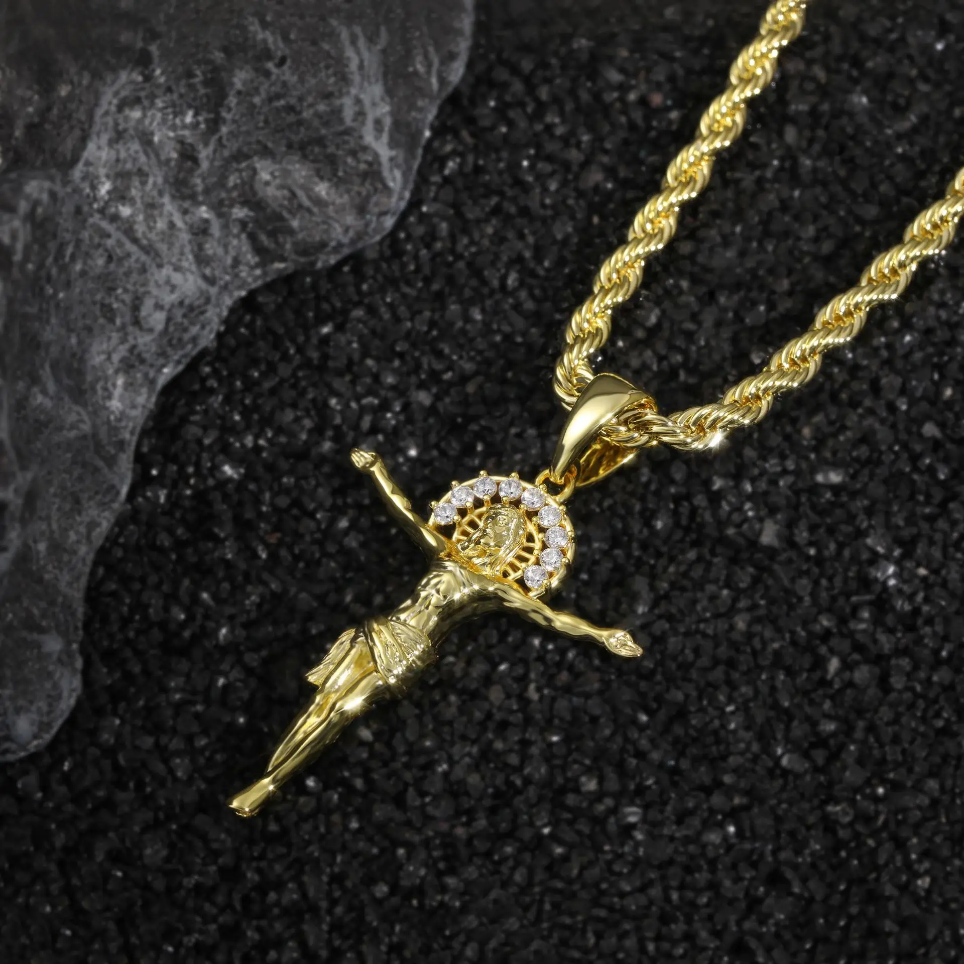 14K Gold Plated Crucifix Pendant, Jesus Piece Necklace, Sparkly Cubic Zirconia Cross, Religious Faith Jewelry, Christian Baptism Gift, Hip Hop Bling Charm, Catholic Communion Pendant, Gold Crucifix Charm, Unisex Jesus Medal, Gold Plated Cross Pendant