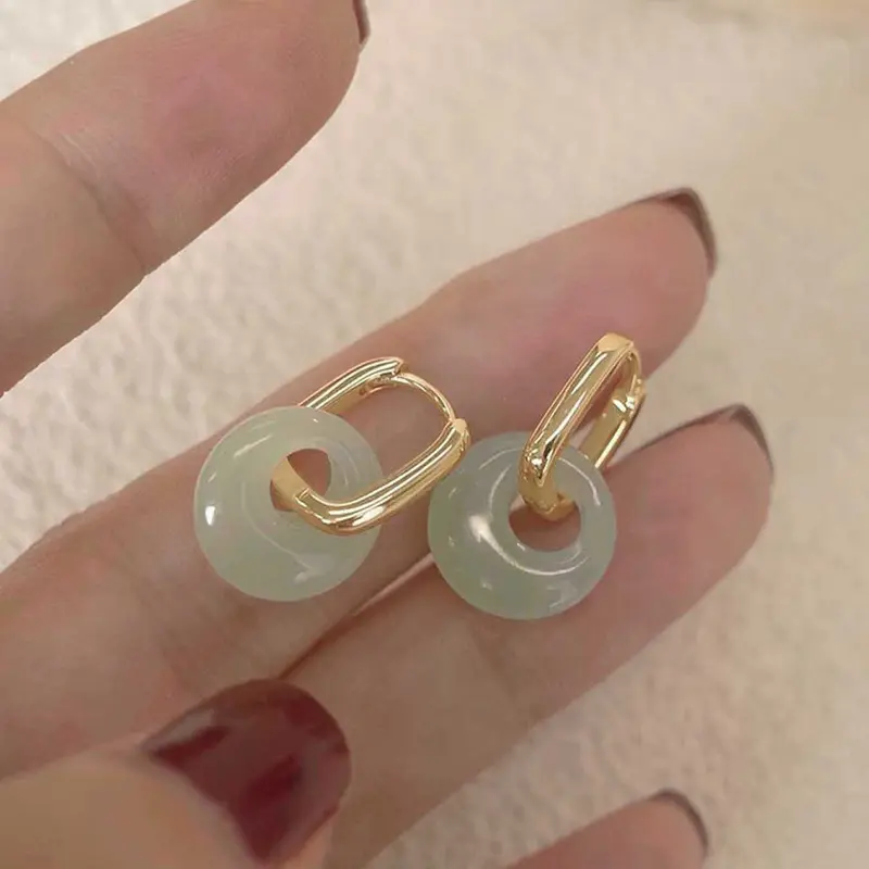 Fashion Round Geometric Faux Jade Zinc Alloy Dangly Earrings Jewelry, Simple Elegant Women's Daily Wear, Versatile Stylish Earings for All Occasions