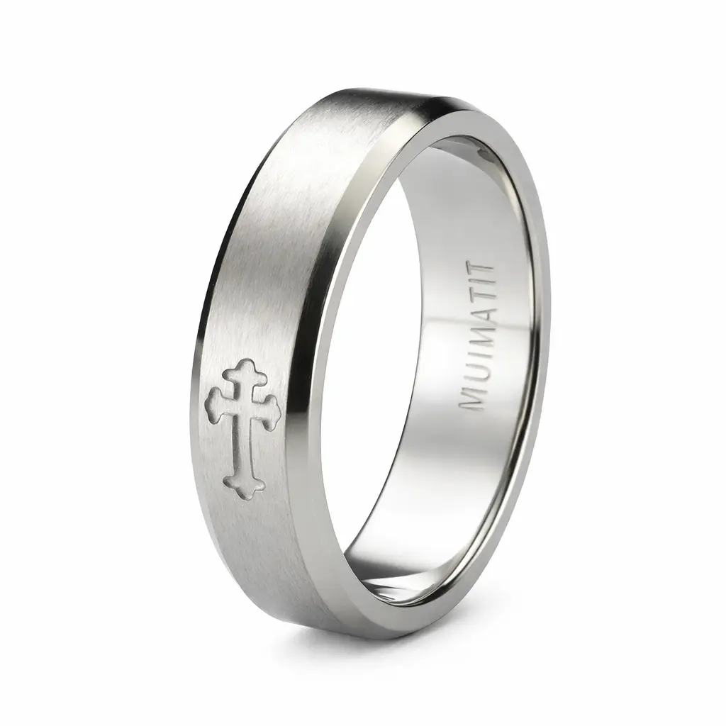 The Faith Satin-Finished Men's Titanium Ring Single Cross and Beveled Edges | 6mm
