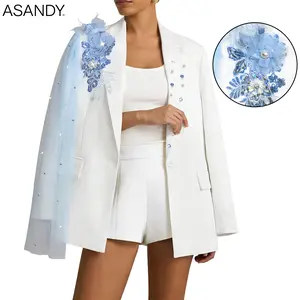 ASANDY Lady's 1-Piece Elegant Statement Blazer - Handcrafted Blue 3D Floral Design, Tulle Streamers, Rhinestone Pearls, Longsleeves, Formal Womenswear for Weddings, Special Events