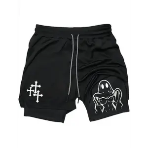 Sexy Lady Ghost Print Menswear 90s Oversized shorts,Graphic 2-in-1 shorts, Athleisure Street Shorts Summer Simple LetterBlack Polyester Fabric ElasticWaistband Drawcord Tropical CasualBreathable Quick-Drying AnimeGraphic Gifts Comfy Breathable Shorts