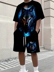 Casual sportswear set, breathable outdoor casual men's T-shirt and shorts set, summer 3D wolf print adult men's set, stylish and versatile.