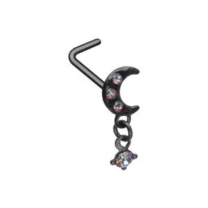 Crescent Moon with Dangling Gem L-Bend Nose Stud - Black 316L Stainless Steel