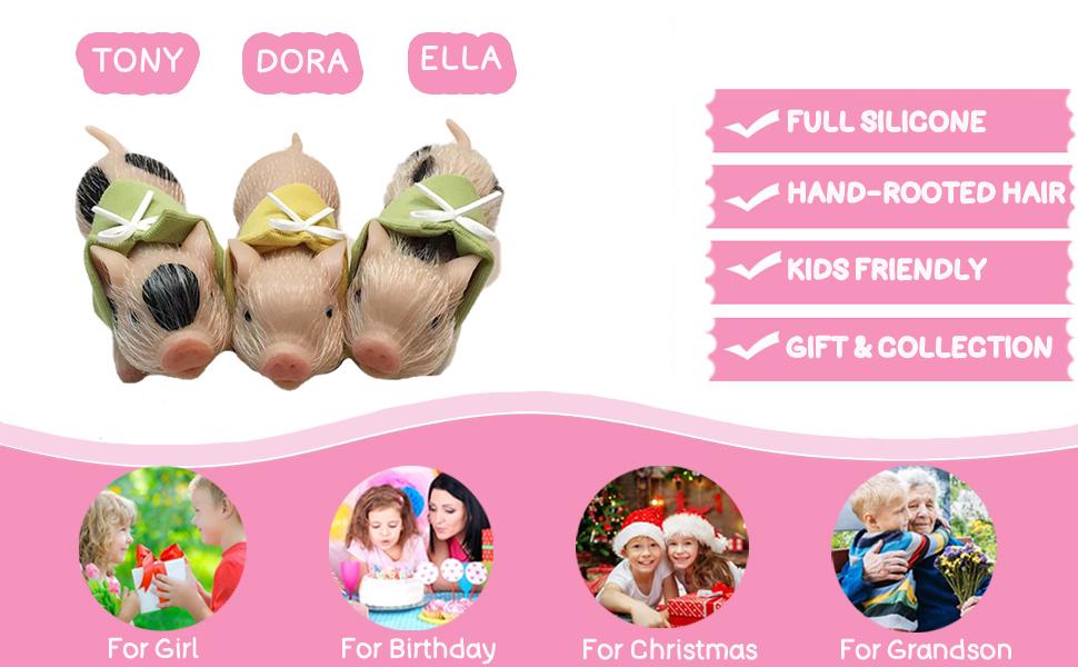 5 Inches Silicone Piglet, Soft Mini Realistic Silicone Animal, without Accessories, Kids Lifelike Reborn Doll（Ella）