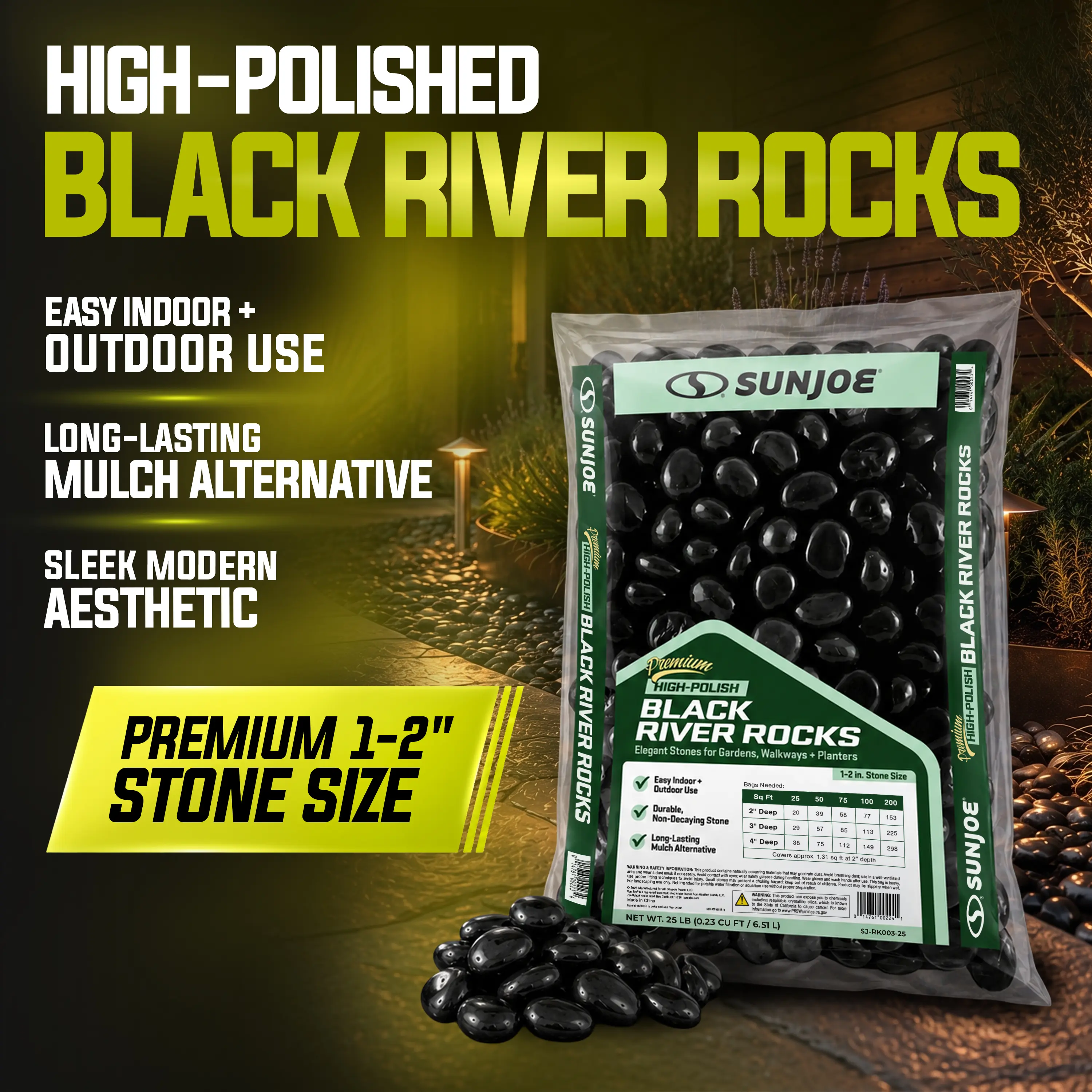 Sun Joe Premium Mirror Shine Black Decorative River Rocks, 1-2 In. Stone Size, Bagged Pack for Accent Border