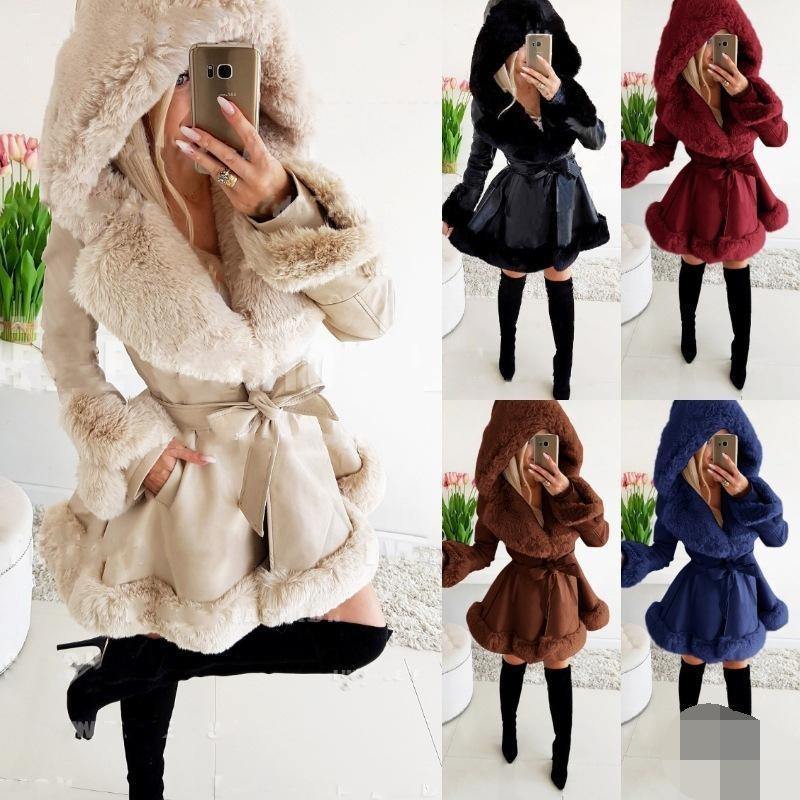 Women's long-sleeved warm solid color belted small fragrant fur ...