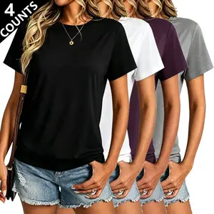 Set of 4 women’s casual T-shirts made from recycled Tencel — solid colors (black, white, light gray, purple), crew neck, machine washable, comfortable relaxed fit; women’s T-shirts with a loose silhouette, suitable for casual wear.
