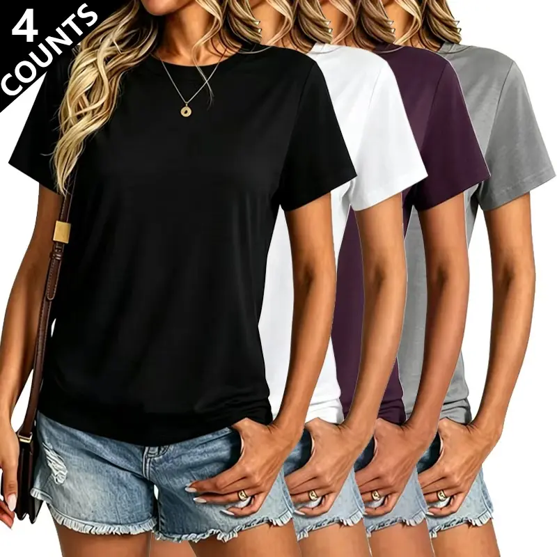 Set of 4 women’s casual T-shirts made from recycled Tencel — solid colors (black, white, light gray, purple), crew neck, machine washable, comfortable relaxed fit; women’s T-shirts with a loose silhouette, suitable for casual wear.