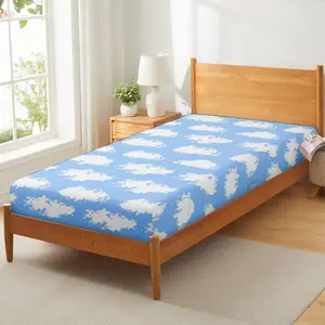 Bedding Fitted Sheet with Deep Pocket for Single Bed Mattress Cover Sheets,White Cloud Printed Fabric Bed Sheets (Blue Sky, Twin)