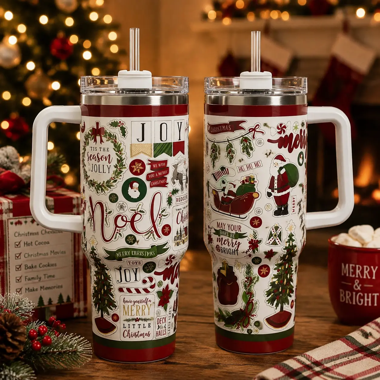 Christmas Tumbler 40 oz Santa Claus Tumbler Winter Leak Proof Cup Insulated Water Bottle Coffee Travel Mugs Joy Merry Christmas Decor Holiday Gifts (1PCS)