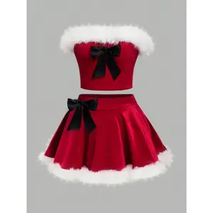 Women's Christmas 2pcs Set Outfit Fluffy Bow Decor Cropped Top Mini Skirt Suit Fashion