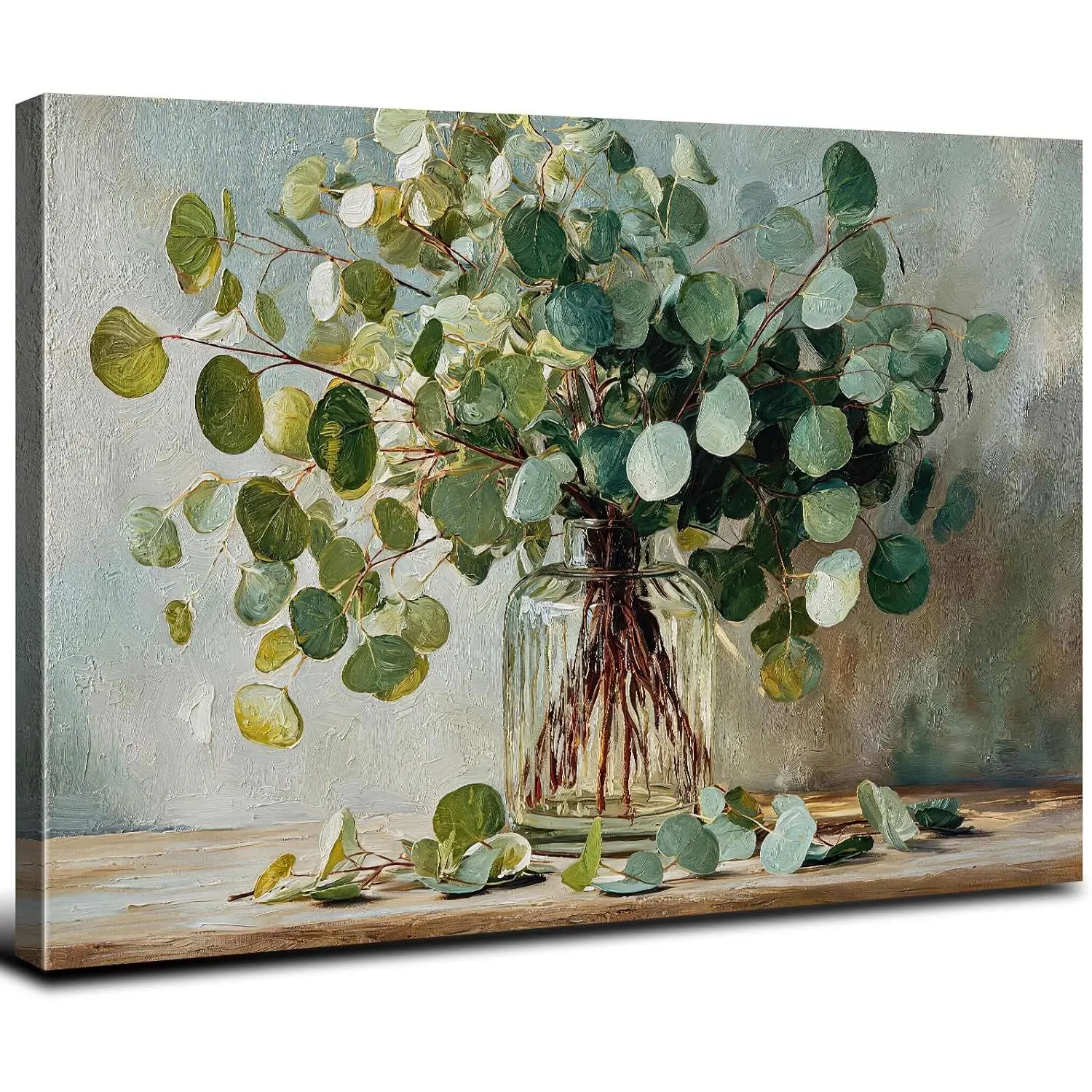 Handmade Moisture-Proof Art Prints - Artistic Decorative Sage Green Botanical Canvas Wall Art, Vintage Watercolor Mason Jar Eucalyptus Leaf Poster for Bathroom, Living Room Home Decor, Artistic Decorative Prints
