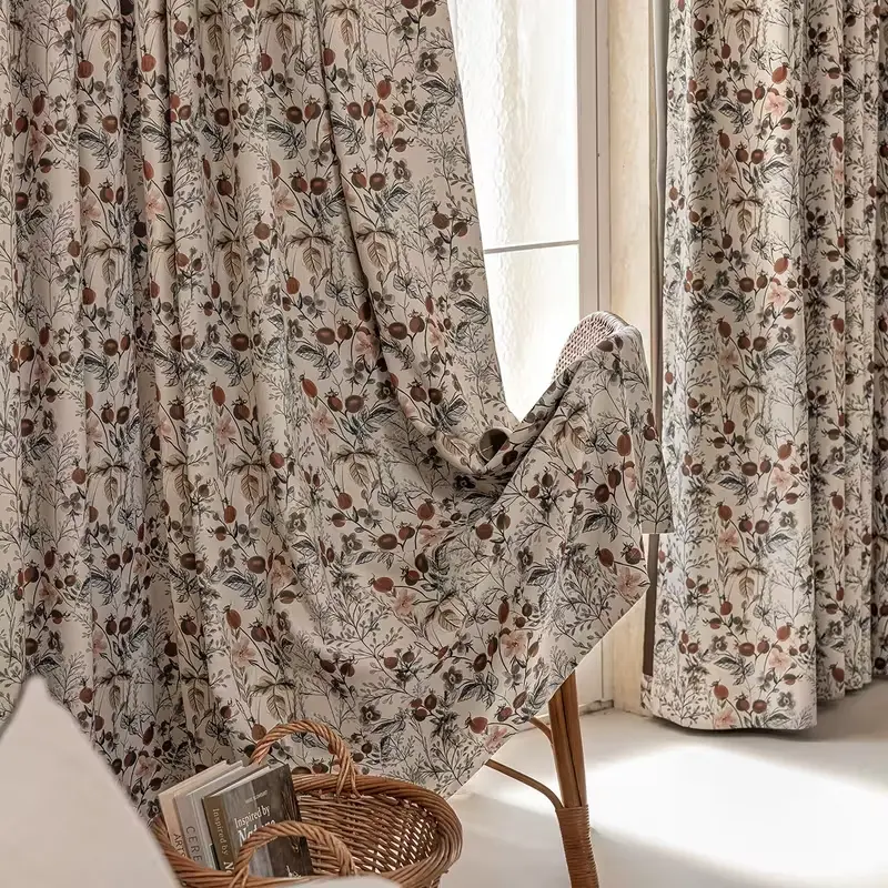 1pc Vintage Wild Fruit Branch Leaf Print Home Decoration Curtain Window Curtains Drapes, Soft Fabric, Dense Print, Retro Natural Style, Floral Plant Design, Living Room Bedroom Decor