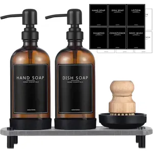 Kitchen Soap Dispenser Set with Instant Dry Tray,16 Oz Hand and Dish Soap Amber Glass Dispenser Set,Stainless Steel Pump,Waterproof Labels&Dish Brush,Luxury Soap Bottle for Kitchen,Bathroom