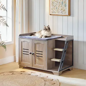 HOOBRO Cat Litter Box Enclosure with Ladder, Hidden Litter Box Furniture with Rechargeable 3-Color LED, Plush, Teaser Balls, 31.5" L x 18.9" W x 22.4" H, All-in-One, Black and Greige#SpringSale #BigSpringSale