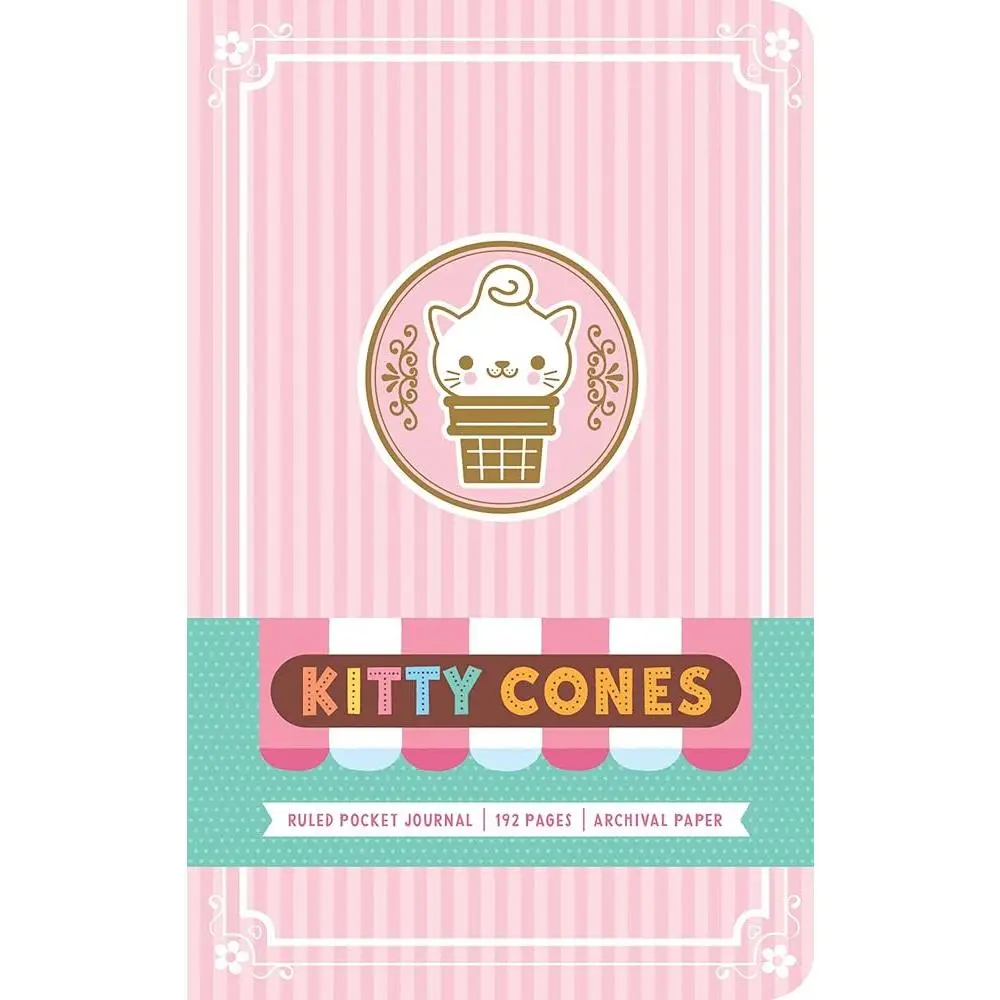 Hardcover Comic Strip Journal - Kitty Cones Design, Ruled Pages, Ribbon Holder, Pocket Office Stationery Notebook