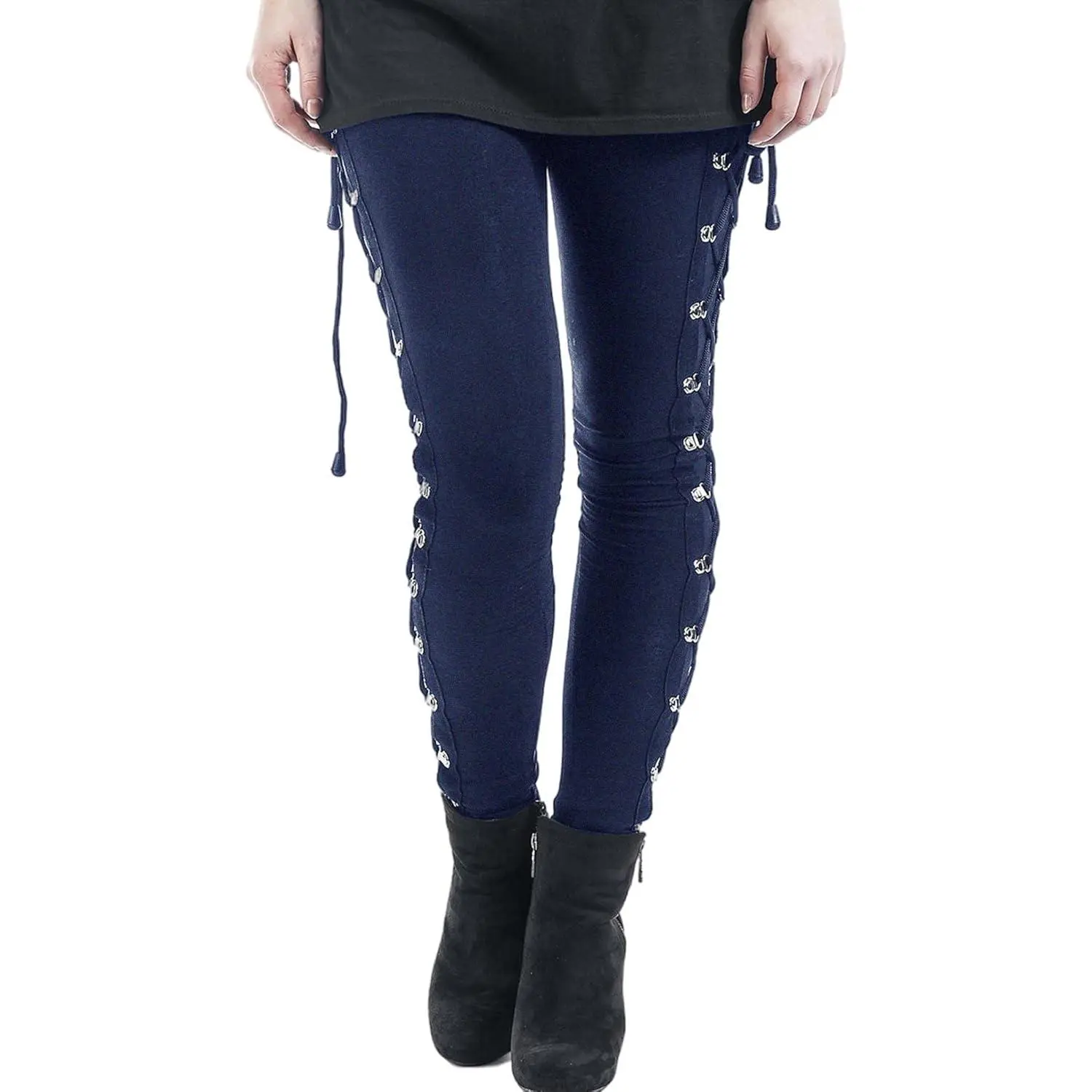 Women's Sexy Black Satin Side Lacing Solid Pants Long Bodycon High Waist Bandage Slim Thick Lace Up Leggings