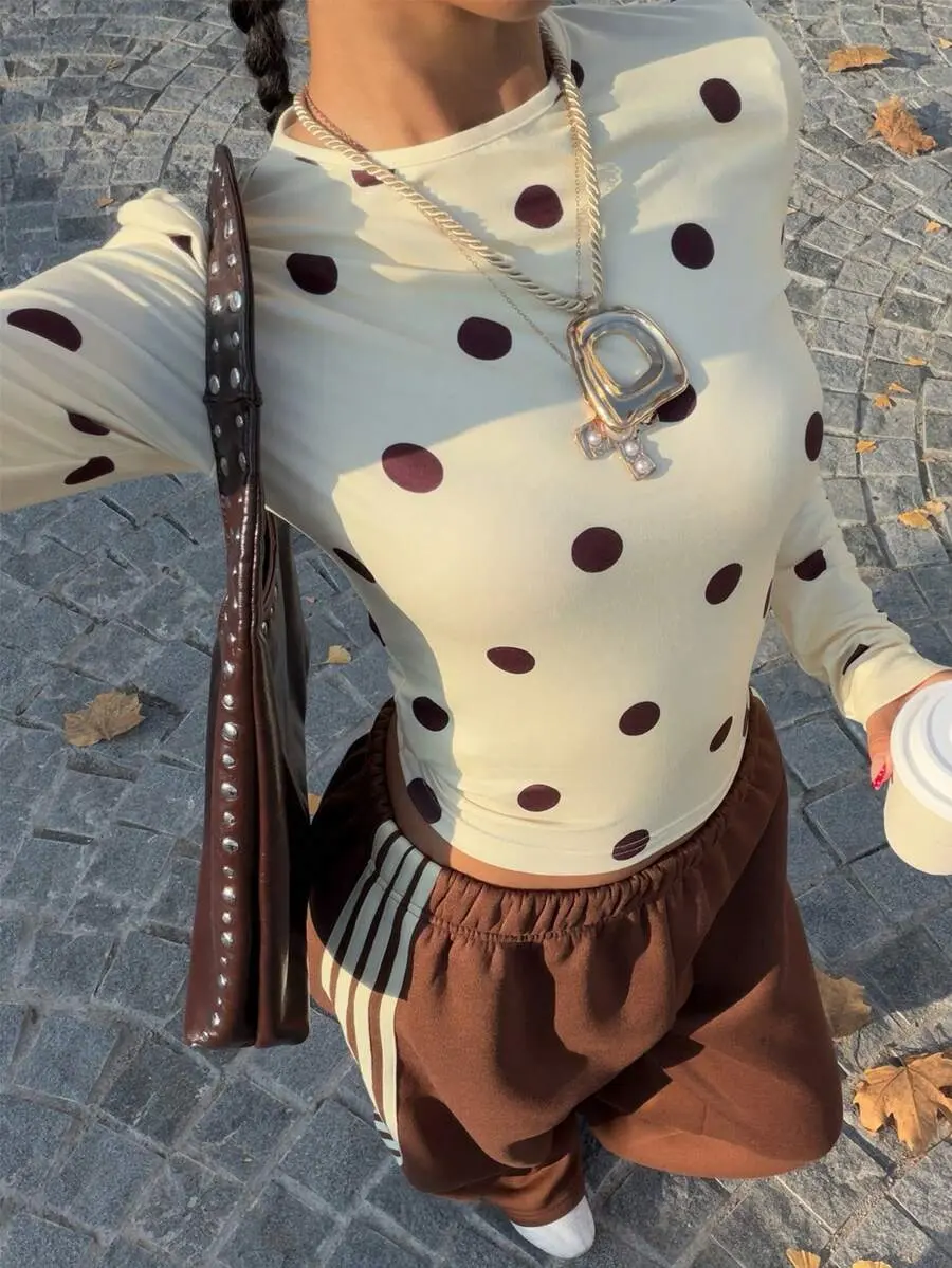 Women's Casual Vintage Brown And White Polka Dot Print Yellow Knit Long Sleeve Fitted T-Shirt Autumn Occasion Streetwear Y2K