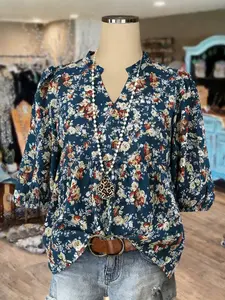 Women's Plus Size Casual Floral Print V-Neck Mid-Sleeve Loose Fit Blouse, Comfortable Summer Fashion, Perfect for Daily Wear