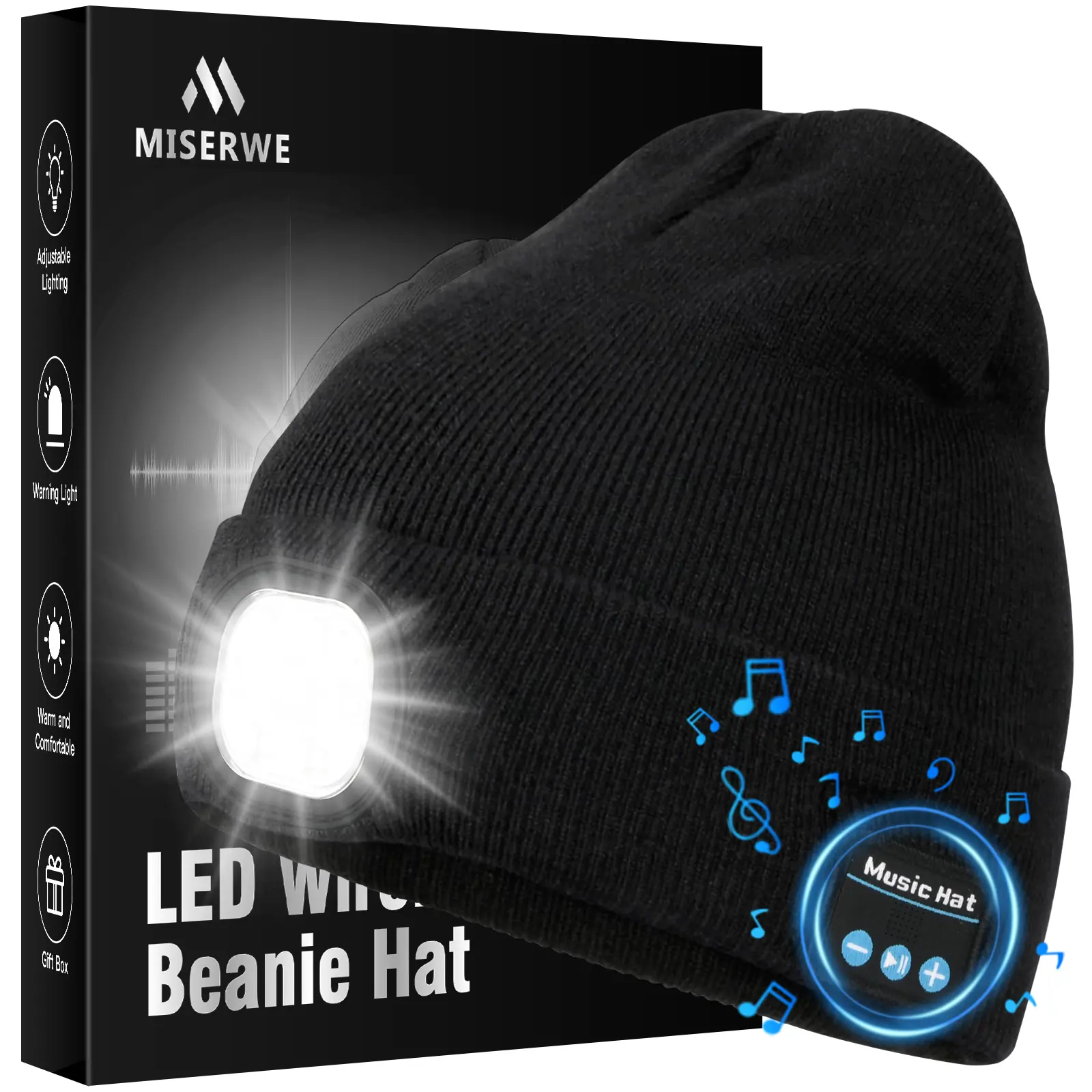 Soft Knit LED Light Borderless Beanie Hat with Wireless Headphones, Unisex USB-C Rechargeable SOS Strobe Flashlight Cap, 1 Size Fits All, Breathable Female-Friendly Black Festive Gift for Men & Women