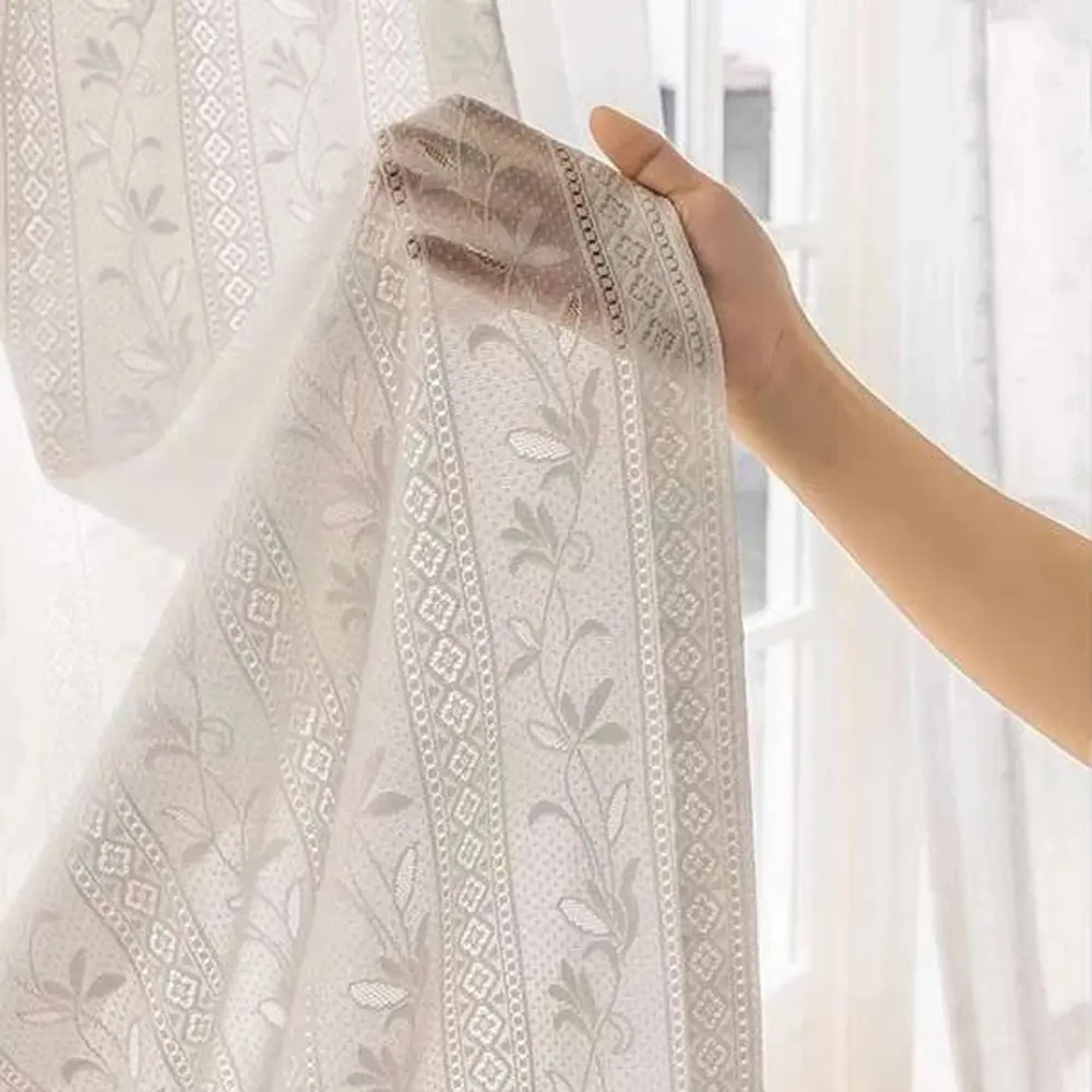 Japanese Style Plant Pattern Embroidered Mirror Sheer Curtain, Bedroom Living Room Window Drapery, Light Translucent No Person Visible