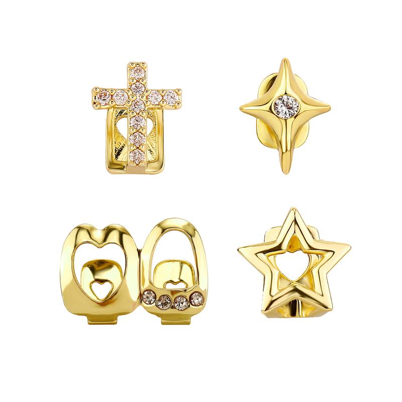 2 Pieces 18K Gold Plated Gold Finish Teeth Grillz Single Teeth Cap Crown, Hip Hop Mouth Grills Fang with Adhesive Beads Party Accessories,Versatile Halloween Personalized Teeth Ornaments for Men and Women