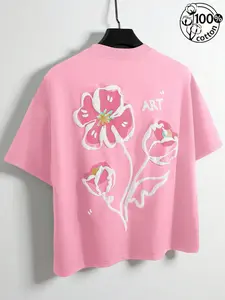 Unisex 100% Cotton Pink Oversized T-Shirt | Hand-Drawn Floral Print + "ART" Slogan Sweet Y2K Casual Streetwear Top