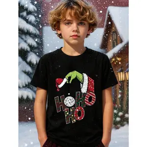"Ho Ho Ho" Fun Christmas Hat for Little Boys - Green Holding a Silver Christmas Ball - 100% Cotton Printed T-Shirt, Merry Christmas Boys' Winter Clothing, Black Crew Neck Letter Print T-Shirt, Machine Washable, Christmas Atmosphere, Toddler Cartoo