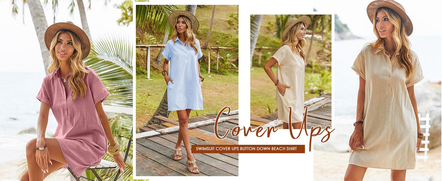 Zeagoo Women's Cotton Shirt Dress Summer Casual Short Sleeve Button Down Beach Cover Up Shirts with Pockets Zeagoo Women's Cotton Shirt Dress Summer Casual Short Sleeve Button Down Beach Cover Up Shirts with Pockets