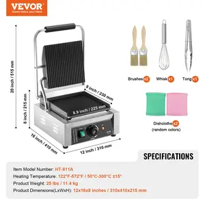 VEVOR Commercial Panini Grill, 1800W Electric Sandwich Panini Maker, Stainless Steel Sandwich Press Grill, Panini Grill with Temp Control 9x9 Flat Enamel Plate, for Hamburger Steak Bacon