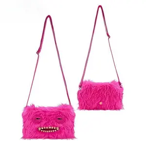 Pink Furry Monster Crossbody Bag, Funny Teeth Face Plush Shoulder Purse, Weird Y2K Gothic Aesthetic Handbag, Spooky Halloween Novelty Bag, Women Girls Casual Daily Party Accessory Gift