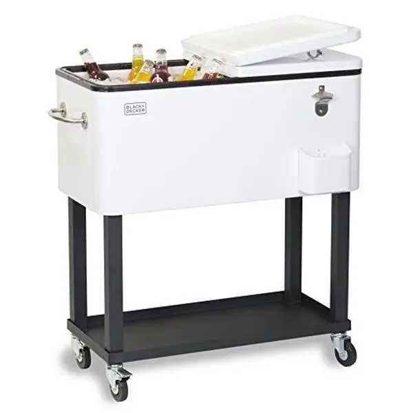 BLACK+DECKER Mobile Cooler on Wheels, 20 Gallon Insulated Rolling Cart with Stainless Steel Bottle Opener, Bar Cart with Wheels and Beverage Cooler with Drain, Ice Chest with Wheels, White