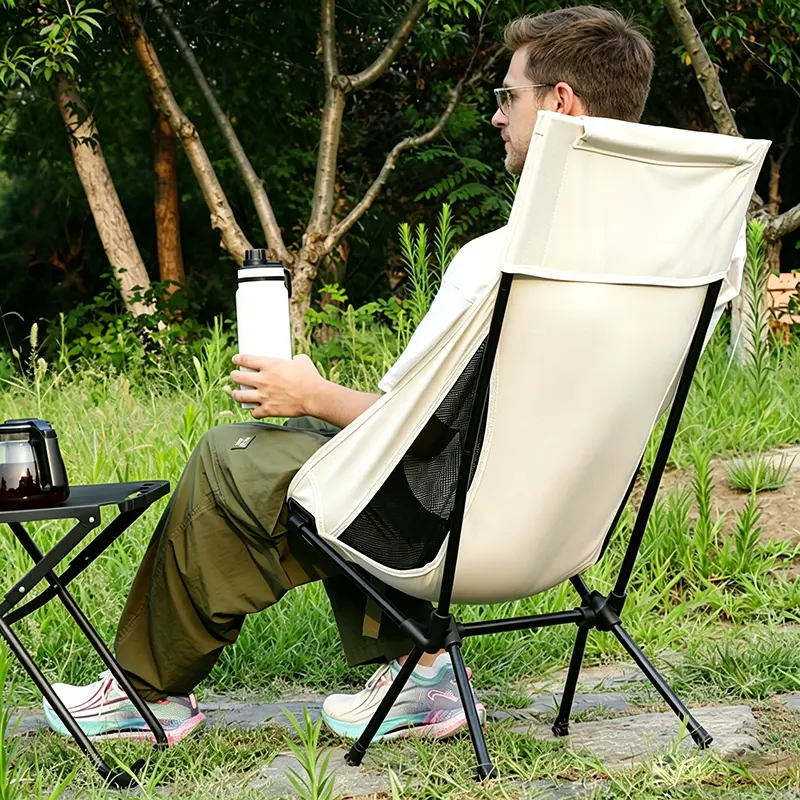 High Back Foldable Moon Chair, Breathable Portable Camping Lawn Chair with Headrest, Heavy Duty Beach Fishing Outdoor Lounge Chair for Picnic Travel