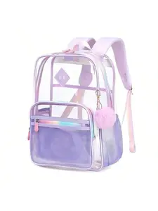 Stylish Clear Purple Backpack with Holographic Straps, Front Zipper Pocket, and Pom Pom Keychain – Perfect for School, Events, and Travel