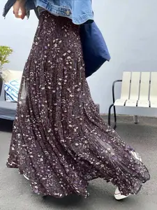 Women's Floral High Waist Mesh Maxi Skirt, Bohemian Style, Lightweight Fabric, Perfect for Summer Vacation, Beach Walk, Casual Wear, Romantic Date