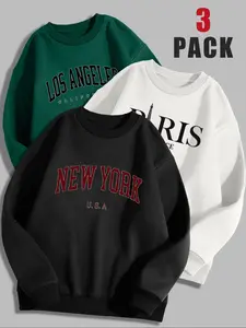 Women's Letter Print Long Sleeve Pullover Sweatshirt Sweater Set Outfit, Casual Fitted Round Neck Top, Fall & Winter Warm Women's Clothing Womenswear