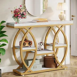 39.4 Inch Industrial 4-Tier Console Table, Narrow Rustic Brown Wood Accent Sofa Table, Multipurpose Entryway Storage Table, Minimalist Hallway Foyer Display Furniture for Living Room Home Decor