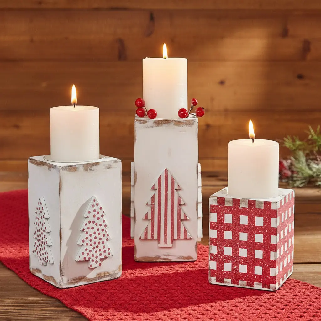 Tree Pillar Candle Holder Set, 3-Piece Decorative Holiday Christmas Candle Holders for Indoor Table