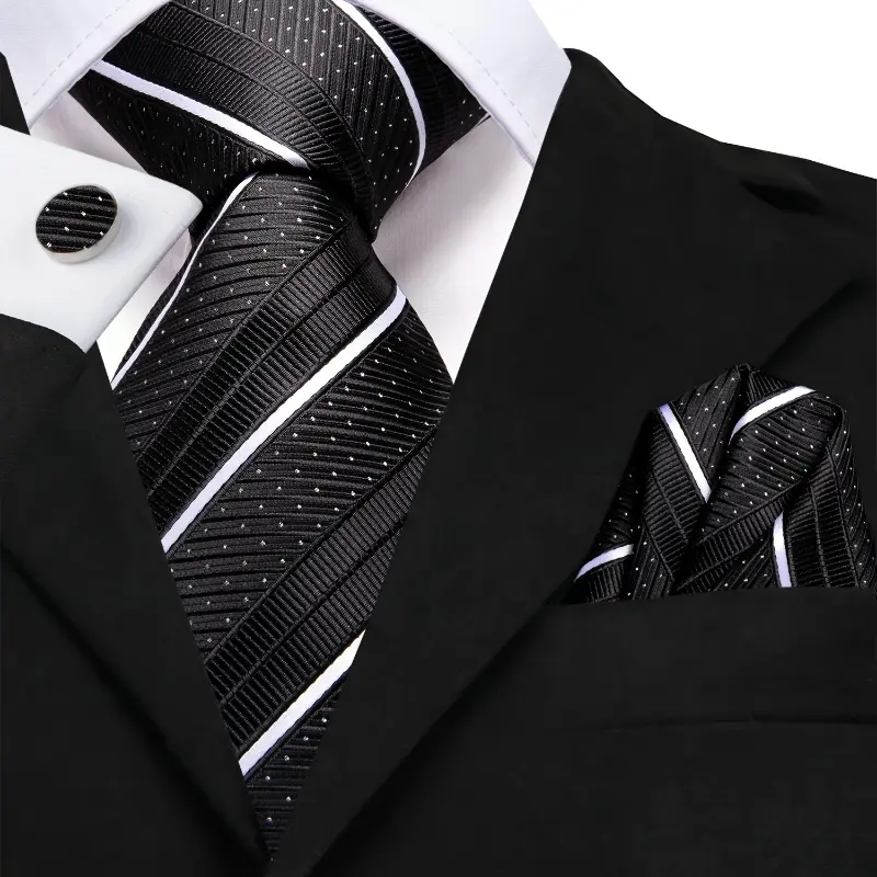 Classic Striped Tie Black White Dots Necktie Pocket Sqaure Cufflinks Office Formal Event, Father's Day Gift