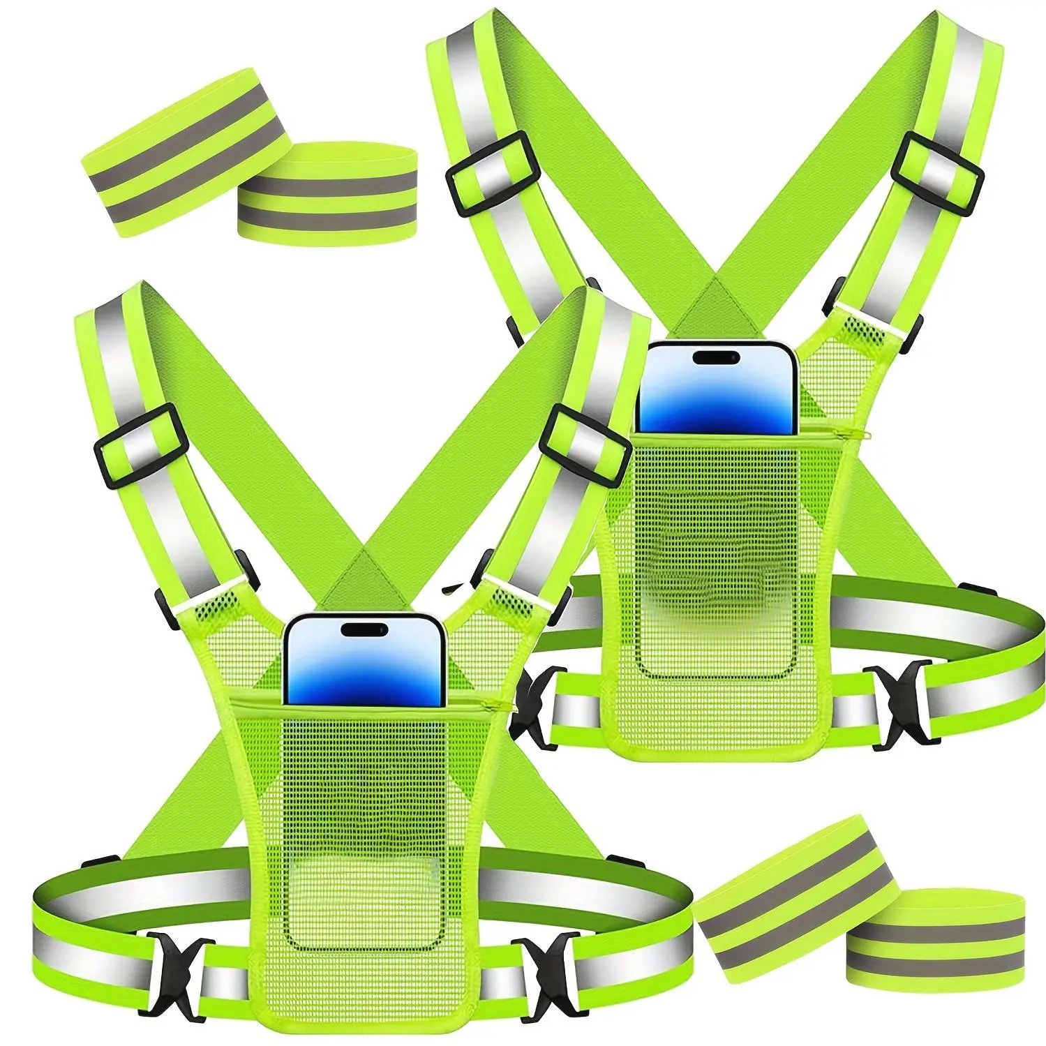 2 Pack Running Vest Chest, 2 Reflective Bracelets, Phone Holder For Women Men, Reflective Vest Safety Gear For Dog Walking Cycling - Adjustable Waist/Shoulder