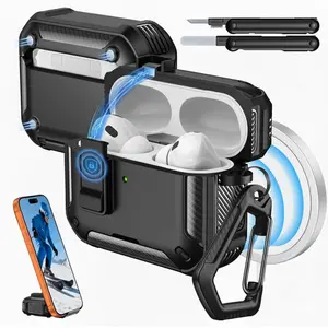 AirPods Pro 3 Case with Lock 2025 Compatible MagSafe Phone Stand Auto Pop-up Military-Grade Protective Cover Cleaner Kit Black