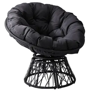 38 Inch Ergonomic Swivel Wicker Papasan Chair 360 Degree Rotatable Radar Shape Egg with Black PE Rattan Gray Cushion for Living Room Bedroom